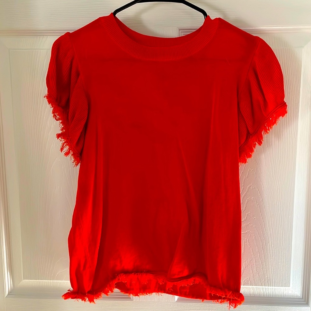 Fringe short sleeve coral sweater